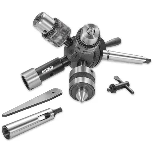 Turret Head Quick Change Tailstock – 4 Head System with MT2 Drill Sleeve, Drill Chuck, Die Holder & Live Centre