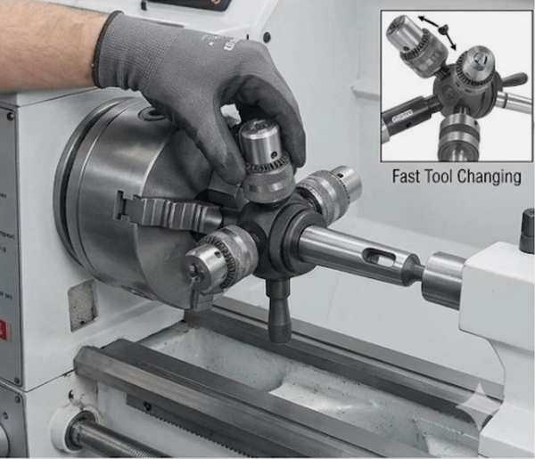 Turret Head Quick Change Tailstock – 4 Head System with MT2 Drill Sleeve, Drill Chuck, Die Holder & Live Centre