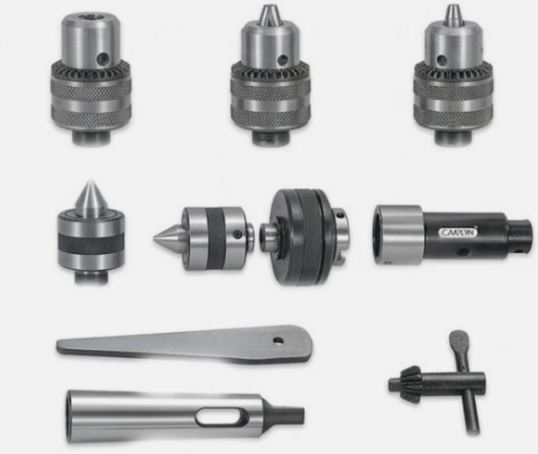 Turret Head Quick Change Tailstock – 4 Head System with MT2 Drill Sleeve, Drill Chuck, Die Holder & Live Centre